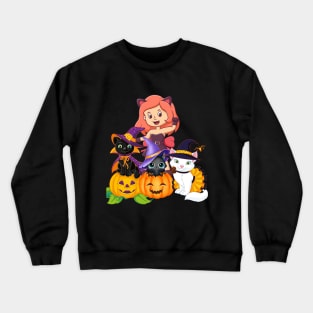 funny witch and her cats enjoy in halloween Crewneck Sweatshirt